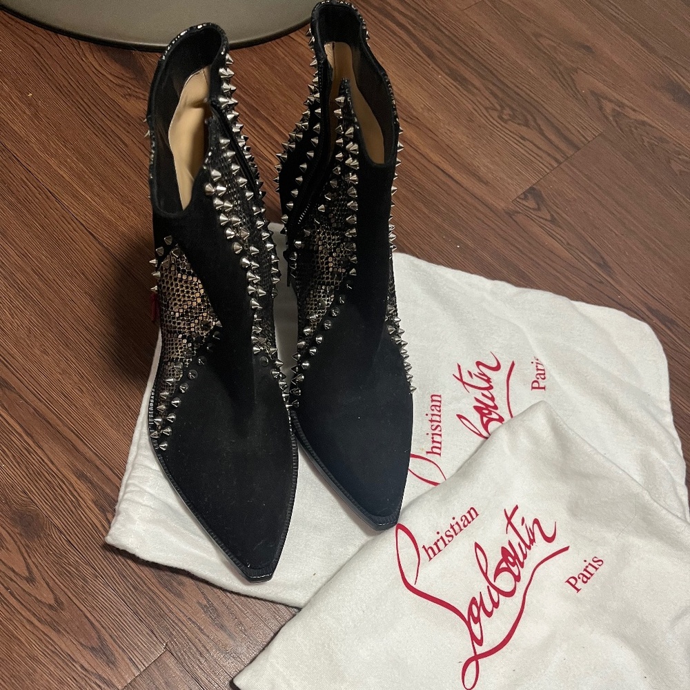Christian Louboutin Black Suede & Snakeskin Studded Ankle Boots – Size 37